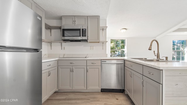 kitchen with light hardwood / wood-style floors, kitchen peninsula, gray cabinets, stainless steel appliances, and sink