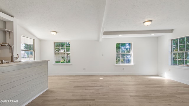 interior space featuring light wood-type flooring, a textured ceiling, sink, and a wealth of natural light