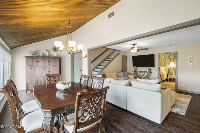 dining space featuring ceiling fan with notable chandelier, wood ceiling, lofted ceiling, and dark hardwood / wood-style flooring