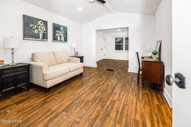 living room featuring dark hardwood / wood-style flooring, ceiling fan, and lofted ceiling with beams