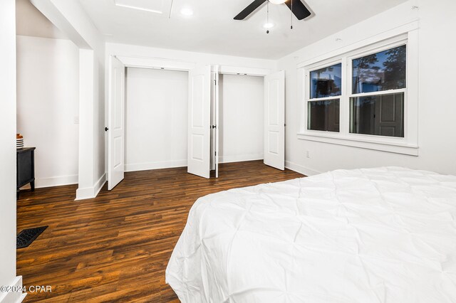 bedroom featuring ceiling fan and dark hardwood / wood-style floors