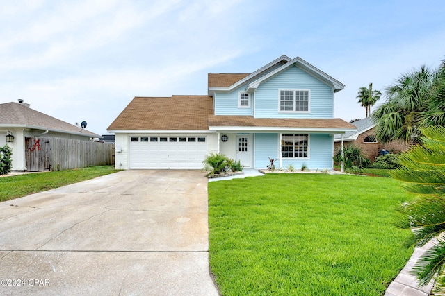 view of property featuring a garage, a front lawn, and covered porch