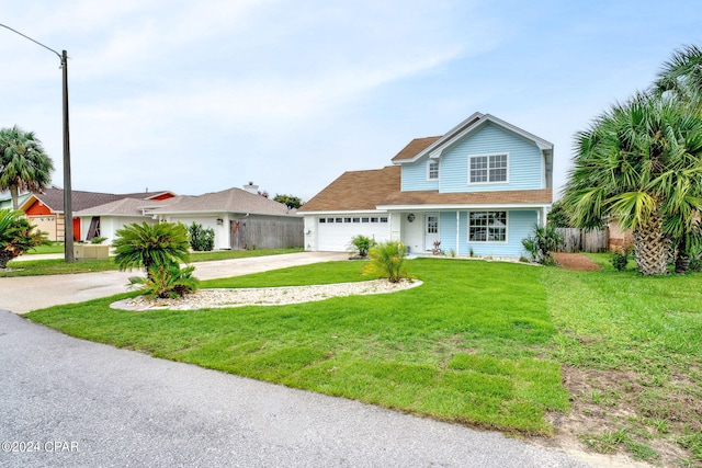 view of front of property with a garage, a porch, and a front lawn