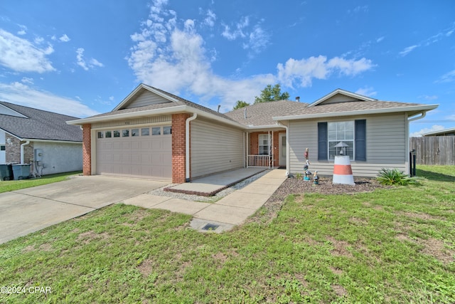 single story home featuring a front lawn and a garage