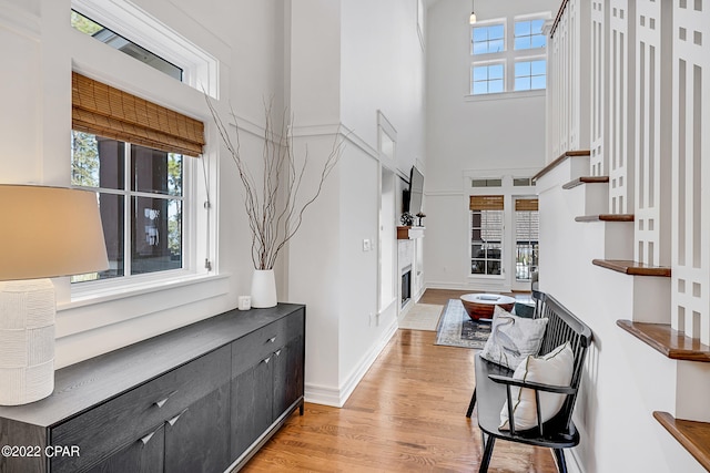 entrance foyer featuring a wealth of natural light, a towering ceiling, and light wood-type flooring