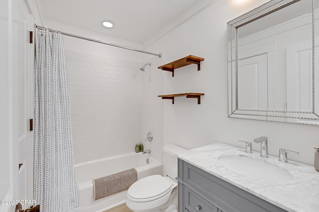 full bathroom with vanity, toilet, ornamental molding, and shower / bath combo with shower curtain