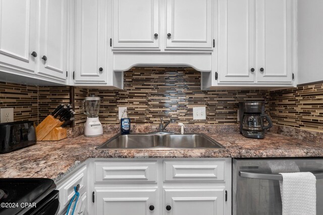 kitchen featuring white cabinets, dishwasher, black stove, and tasteful backsplash