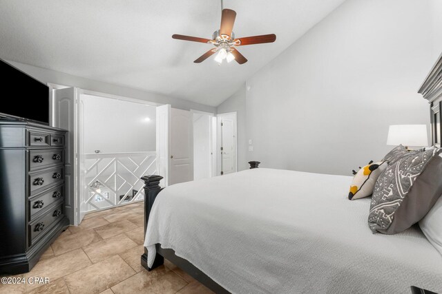 bedroom featuring high vaulted ceiling and ceiling fan