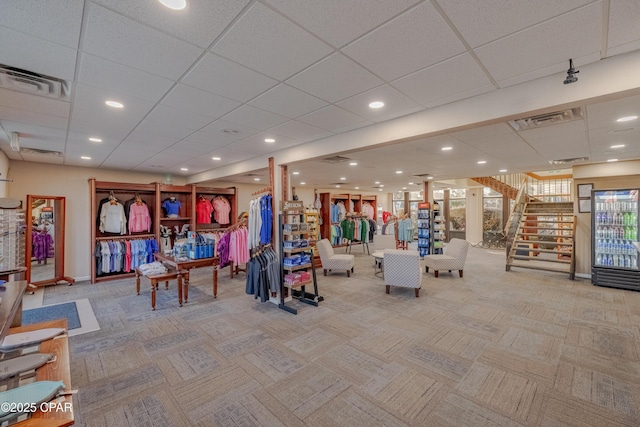 game room featuring carpet, visible vents, a paneled ceiling, and recessed lighting