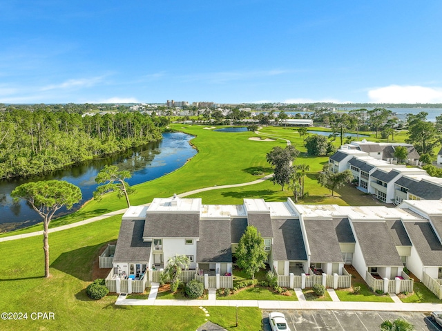 drone / aerial view with a water view