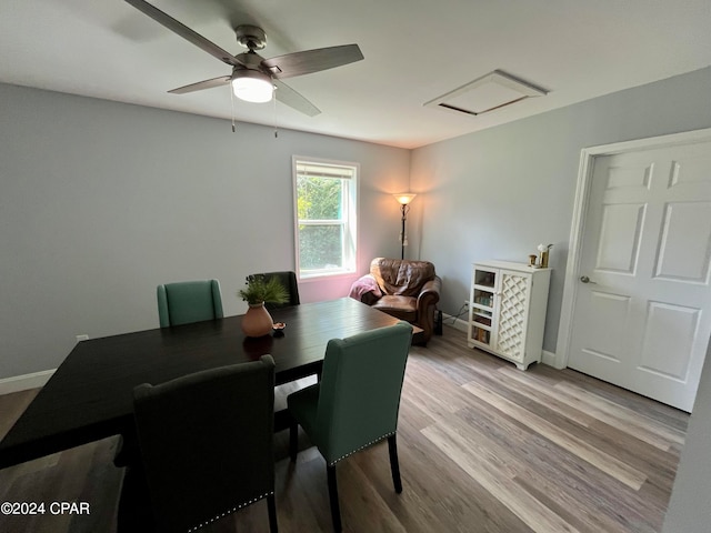 dining room with light wood-type flooring and ceiling fan