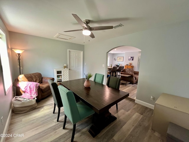 dining room with ceiling fan and hardwood / wood-style floors