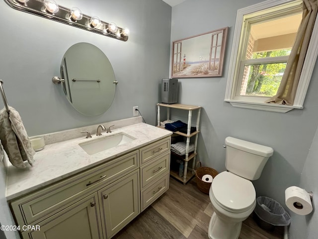 bathroom with vanity, toilet, and hardwood / wood-style flooring