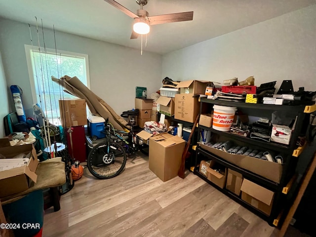 storage room featuring ceiling fan