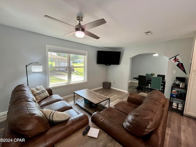 living room with ceiling fan and hardwood / wood-style flooring