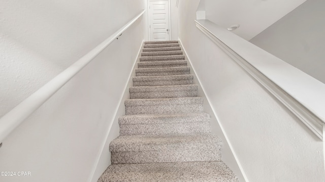 stairway featuring carpet flooring