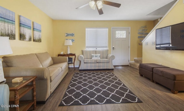 living room featuring ceiling fan and dark hardwood / wood-style floors