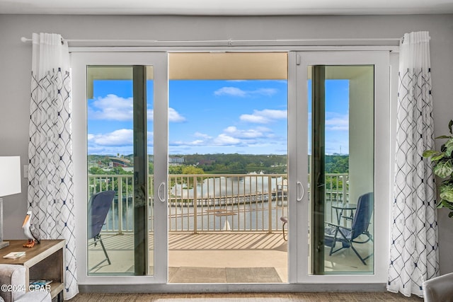 doorway featuring a water view and a healthy amount of sunlight