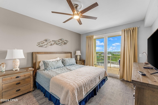 carpeted bedroom with access to outside and ceiling fan