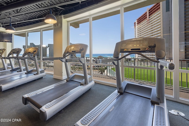 gym featuring plenty of natural light and a water view