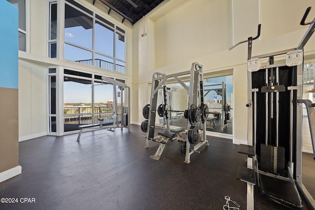 exercise room featuring a high ceiling