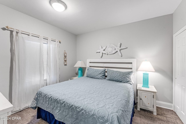 bedroom featuring dark carpet