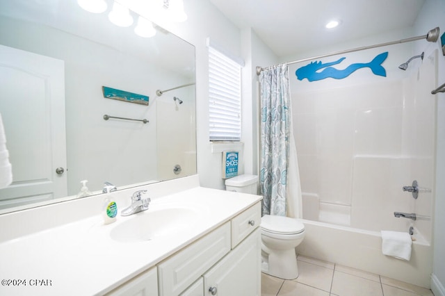 full bathroom with shower / bath combination with curtain, tile patterned flooring, vanity, and toilet