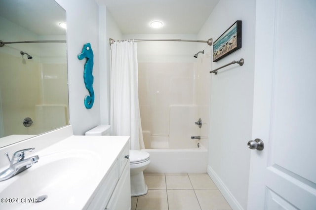 full bathroom with shower / tub combo, vanity, toilet, and tile patterned floors