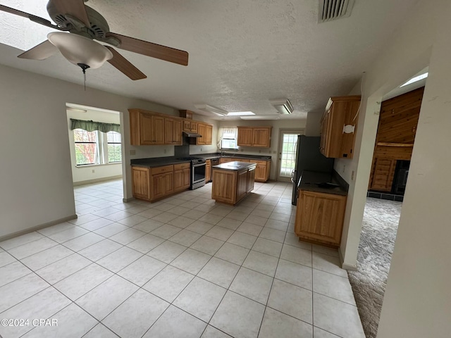 kitchen with ceiling fan, stainless steel range oven, plenty of natural light, and a kitchen island