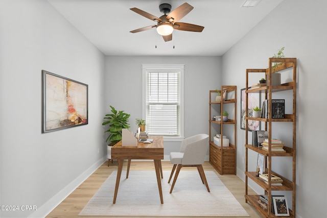 office space featuring ceiling fan and light wood-type flooring