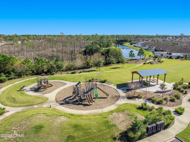 view of home's community featuring a water view, a playground, a gazebo, and a lawn