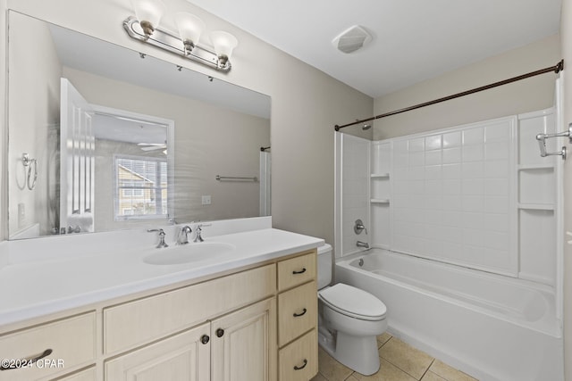 full bathroom featuring bathtub / shower combination, tile patterned floors, ceiling fan, vanity, and toilet