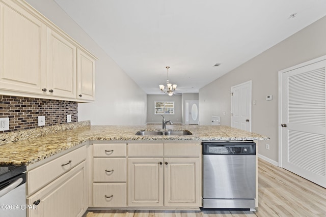 kitchen featuring light wood-type flooring, sink, a notable chandelier, kitchen peninsula, and stainless steel dishwasher