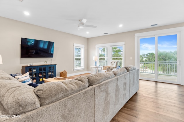 living room with ceiling fan and wood-type flooring