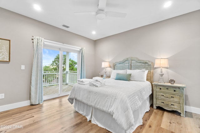 bedroom with ceiling fan, light hardwood / wood-style flooring, and access to outside