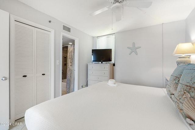 bedroom featuring ceiling fan and a closet