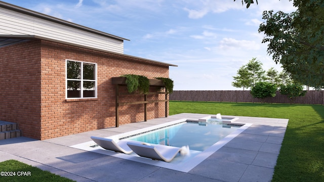 view of pool featuring a lawn and a patio area