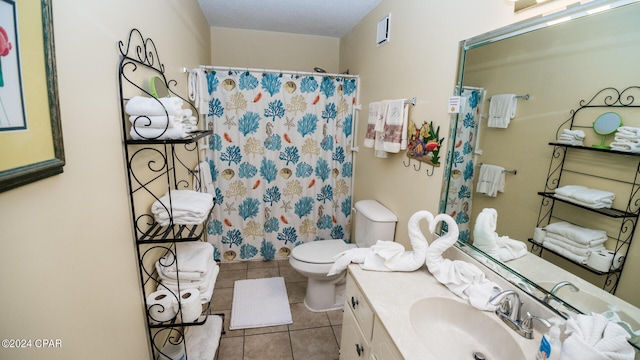 bathroom featuring tile patterned floors, walk in shower, vanity, and toilet