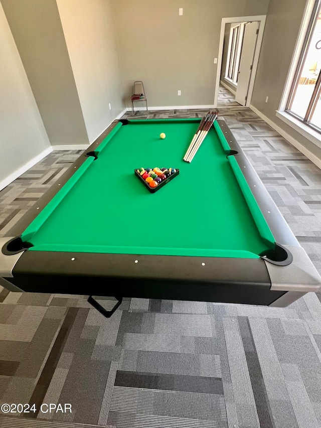 game room with carpet and billiards