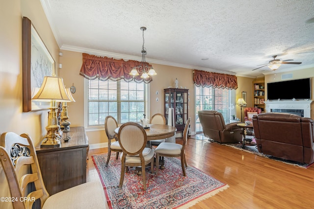 dining area with ceiling fan with notable chandelier, crown molding, wood finished floors, and a textured ceiling