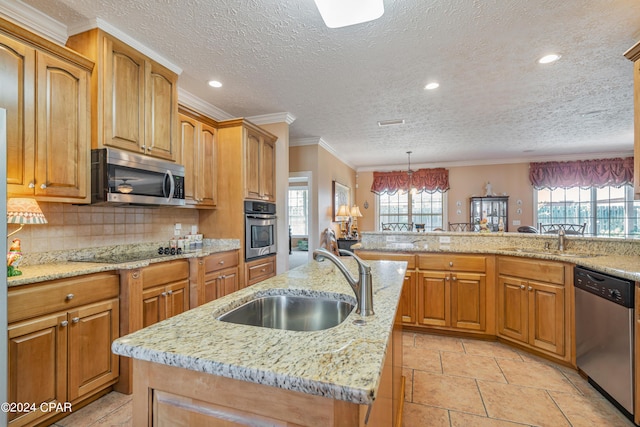 kitchen featuring plenty of natural light, a kitchen island with sink, appliances with stainless steel finishes, and a sink