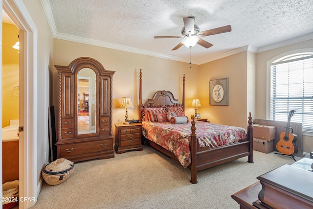 bedroom with light colored carpet and ornamental molding