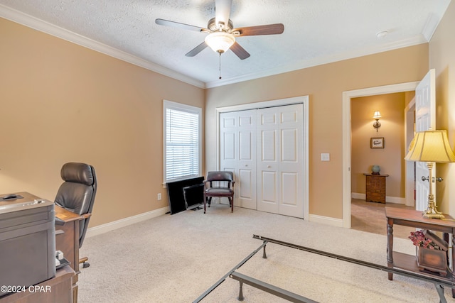 office area with a textured ceiling, ornamental molding, ceiling fan, and light carpet