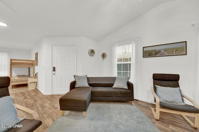 living room with vaulted ceiling and hardwood / wood-style flooring