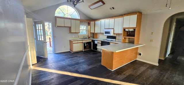 kitchen featuring range with electric cooktop, dark hardwood / wood-style flooring, sink, and white cabinets