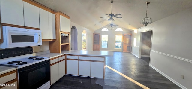 kitchen featuring electric range oven, hanging light fixtures, hardwood / wood-style floors, white cabinets, and kitchen peninsula