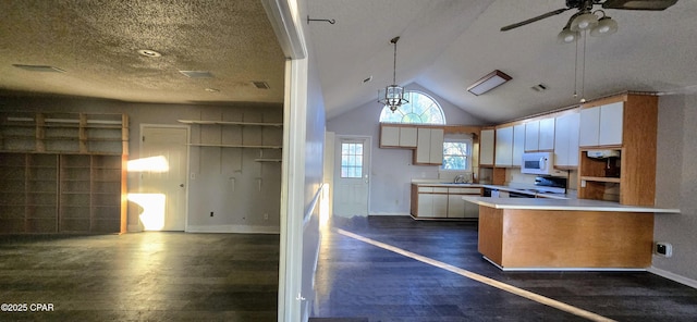 kitchen featuring dark hardwood / wood-style floors, lofted ceiling, electric range, kitchen peninsula, and a textured ceiling