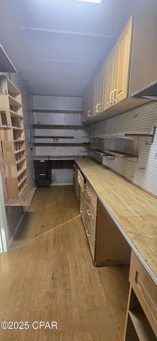 basement featuring light hardwood / wood-style floors and a workshop area