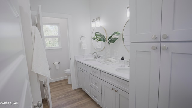 bathroom with hardwood / wood-style floors, vanity, and toilet