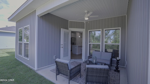 view of patio / terrace featuring ceiling fan and outdoor lounge area